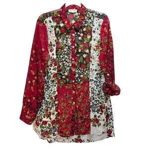 Hope Springs Womens Floral Patchwork Sheer Tunic Top Blouse Red Sz XL Colorful
